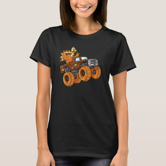 Thanksgiving Turkey Riding Monster Truck Boys Kid T-Shirt (Front)
