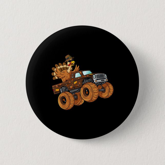 Thanksgiving Turkey Riding Monster Truck Boys Kids 6 Cm Round Badge (Front)