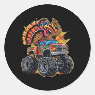Thanksgiving Turkey Riding Monster Truck Boys Kids Classic Round Sticker
