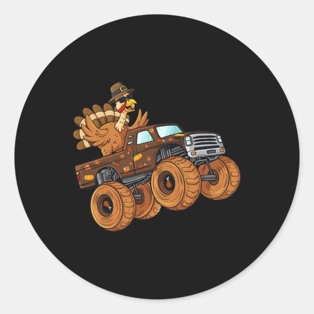 Thanksgiving Turkey Riding Monster Truck Boys Kids Classic Round Sticker (Front)