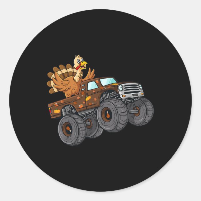 Thanksgiving Turkey Riding Monster Truck Boys Kids Classic Round Sticker (Front)