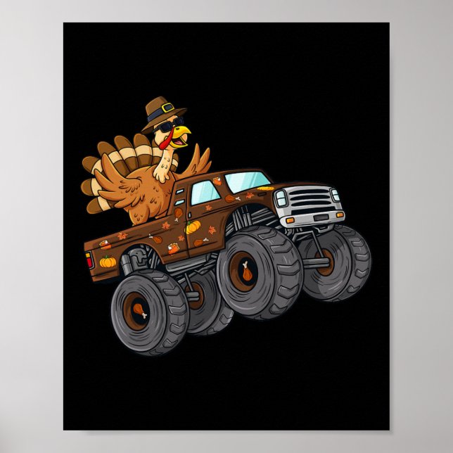 Thanksgiving Turkey Riding Monster Truck Boys Kids Poster (Front)