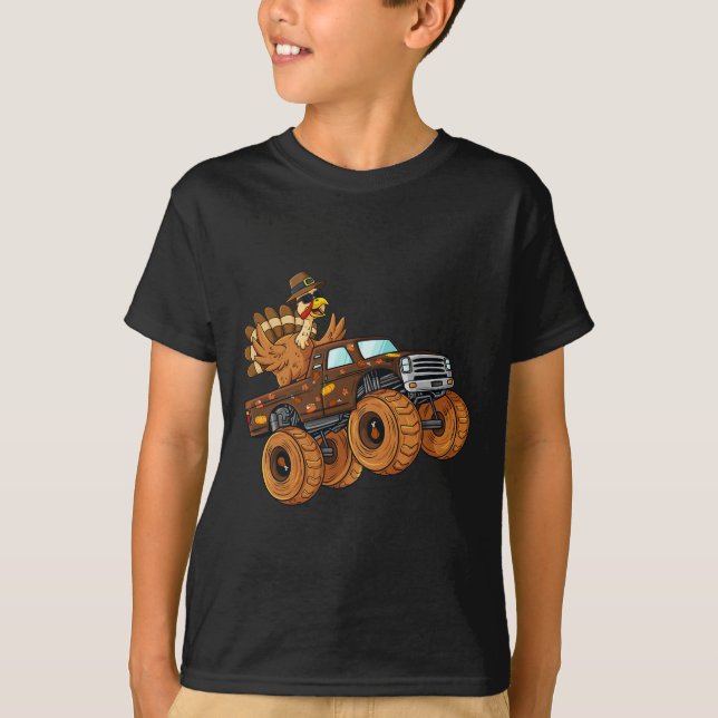Thanksgiving Turkey Riding Monster Truck Boys Kids T-Shirt (Front)