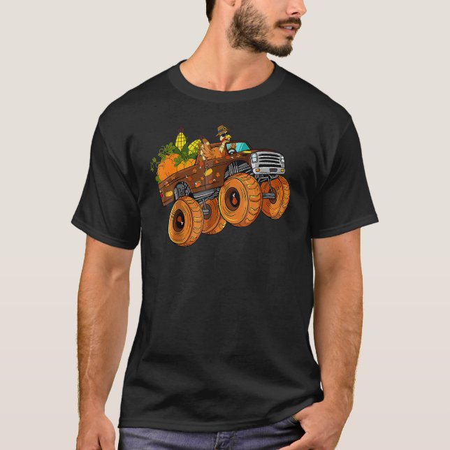 Thanksgiving Turkey Riding Monster Truck Boys Kids T-Shirt (Front)
