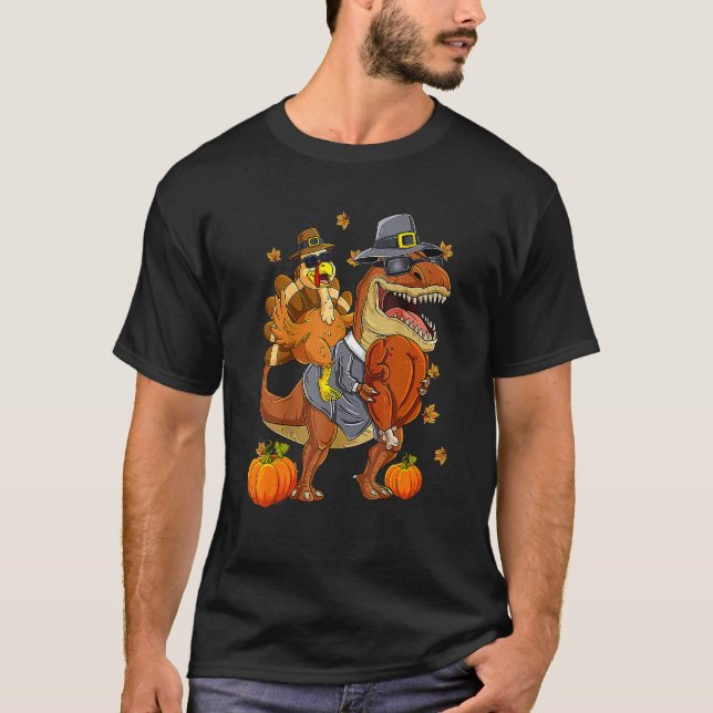 Thanksgiving Turkey Riding Rex Dinosaur Toddler Bo T-Shirt (Front)