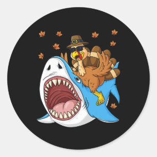 Thanksgiving Turkey Riding Shark Fun Toddler Boys  Classic Round Sticker