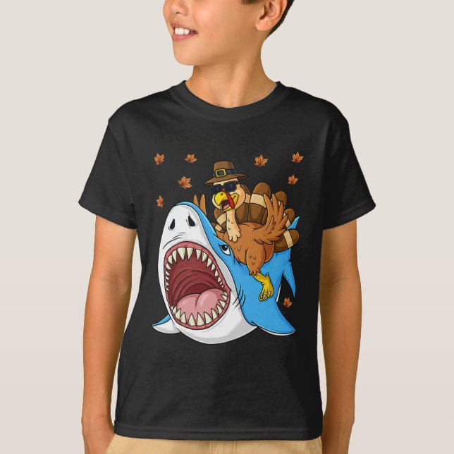 Thanksgiving Turkey Riding Shark Fun Toddler Boys  T-Shirt (Front)