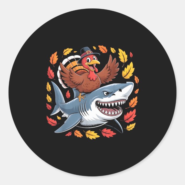 Thanksgiving Turkey Riding Shark Funny Autumn Boys Classic Round Sticker (Front)