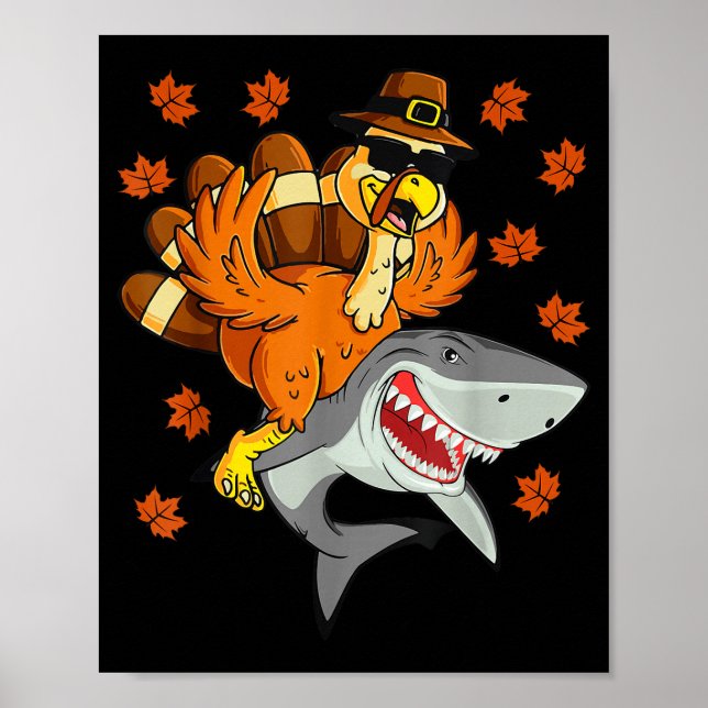 Thanksgiving Turkey Riding Shark Funny Autumn Boys Poster (Front)