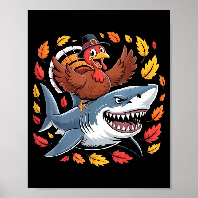 Thanksgiving Turkey Riding Shark Funny Autumn Boys Poster (Front)