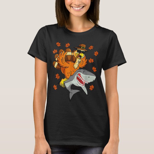 Thanksgiving Turkey Riding Shark Funny Autumn Boys T-Shirt (Front)