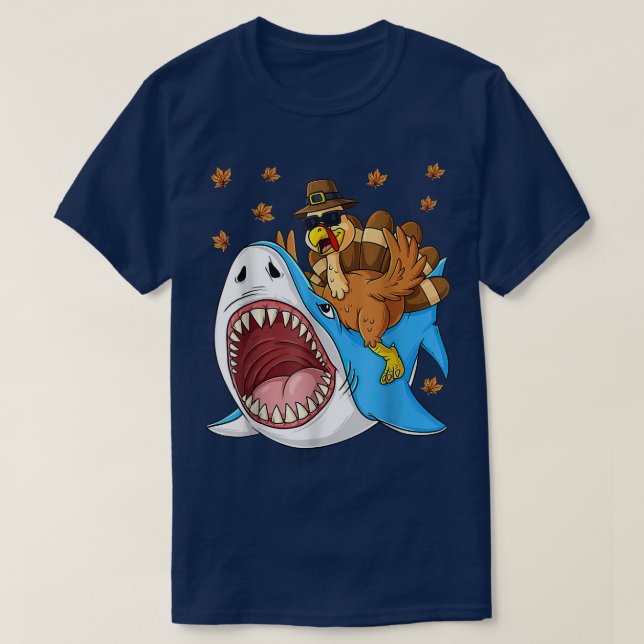 Thanksgiving Turkey Riding Shark Funny Toddler Boy T-Shirt (Design Front)