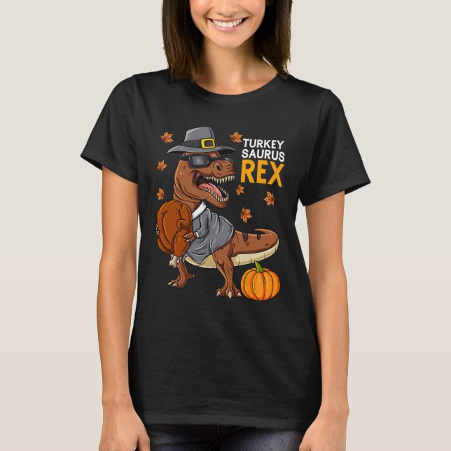 Thanksgiving Turkey Saurus T Rex Pilgrim Dinosaur  T-Shirt (Front)