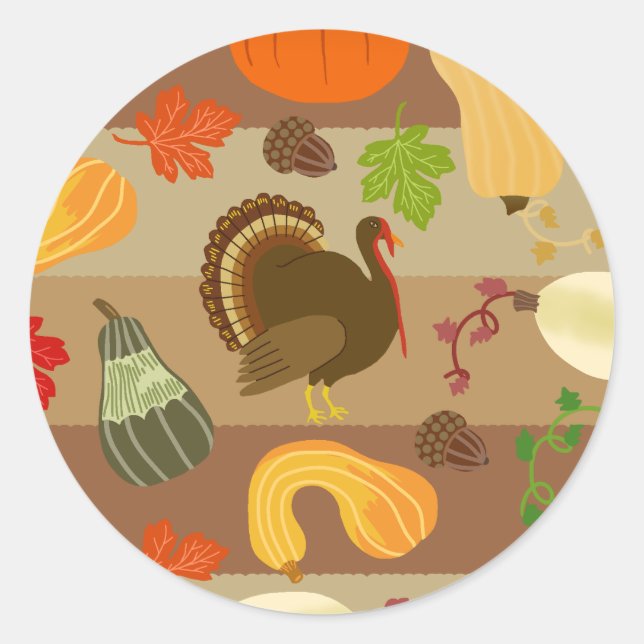 Thanksgiving Turkey Squash Autumn Harvest Pattern Classic Round Sticker (Front)