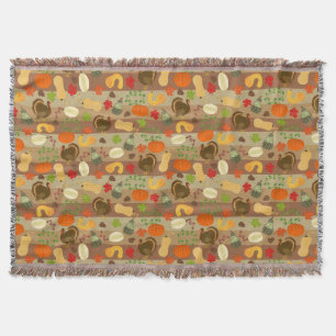 Thanksgiving Turkey Squash Autumn Harvest Pattern Throw Blanket
