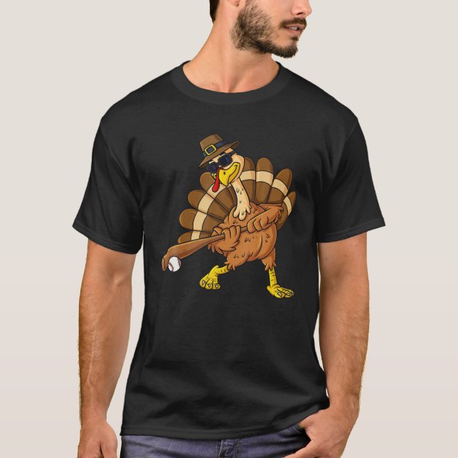 Thanksgiving Turkey Swinging Baseball Bat Boys Kid T-Shirt (Front)