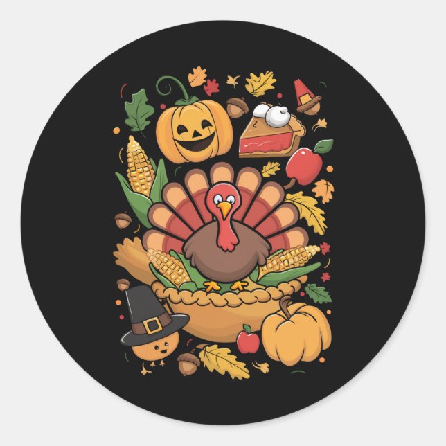 Thanksgiving Turkey Thankful Pie Fall Family Classic Round Sticker (Front)