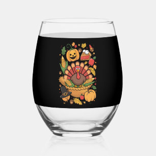 Thanksgiving Turkey Thankful Pie Fall Family Stemless Wine Glass