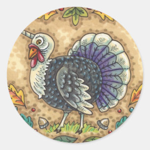THANKSGIVING TURKEY UNICORN, WHIMSICAL FANTASY CLASSIC ROUND STICKER