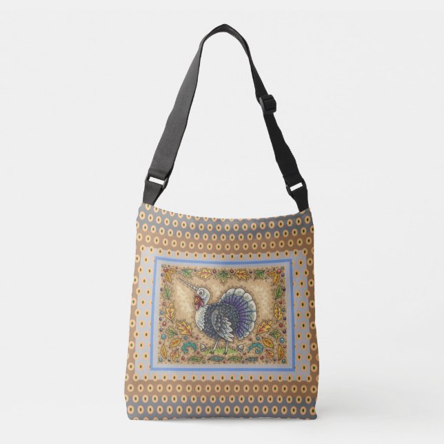 THANKSGIVING TURKEY UNICORN, WHIMSICAL FANTASY CROSSBODY BAG (Front)
