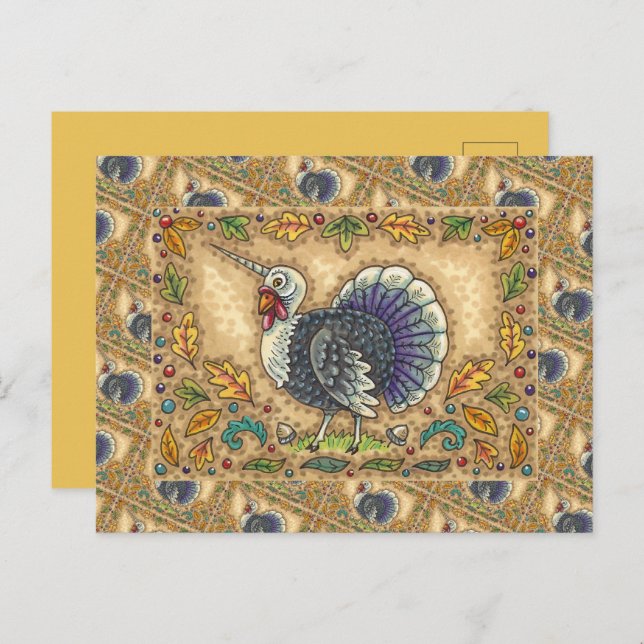 THANKSGIVING TURKEY UNICORN, WHIMSICAL FANTASY,  HOLIDAY POSTCARD (Front/Back)