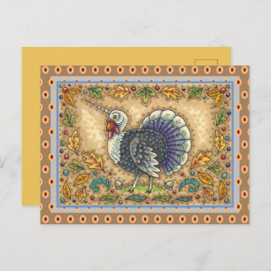 THANKSGIVING TURKEY UNICORN, WHIMSICAL FANTASY, HOLIDAY POSTCARD