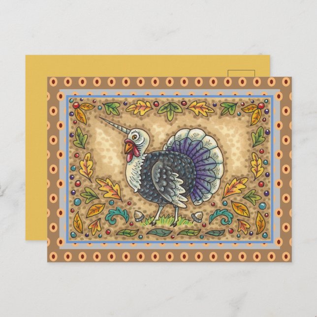 THANKSGIVING TURKEY UNICORN, WHIMSICAL FANTASY, HOLIDAY POSTCARD (Front/Back)