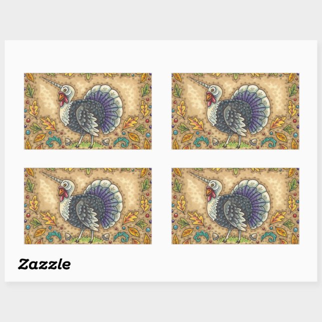 THANKSGIVING TURKEY UNICORN, WHIMSICAL FANTASY RECTANGULAR STICKER (Sheet)