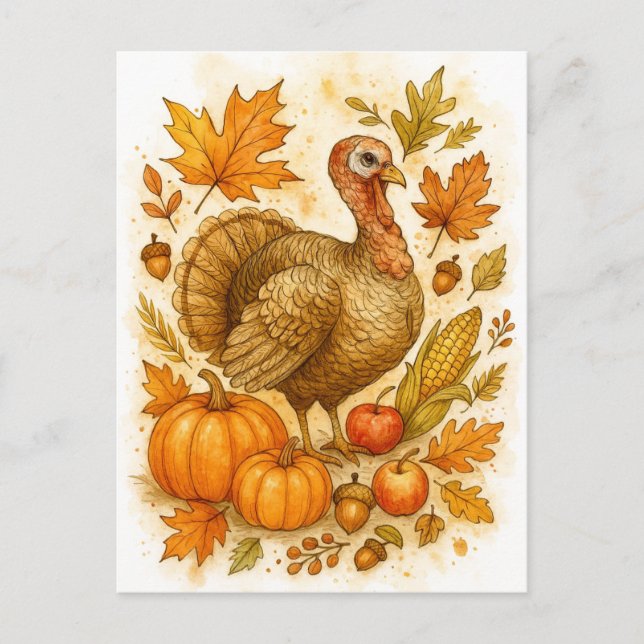 Thanksgiving Turkey Watercolor Postcard (Front)
