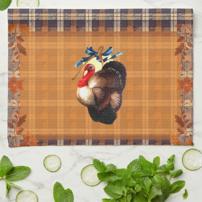 Thanksgiving Turkey Wishes on Plaid Tea Towel (Folded)