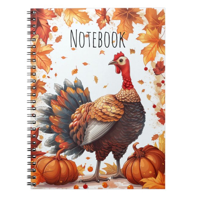 Thanksgiving Turkey with Autumn Leaves and Pumpkin Notebook (Front)