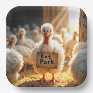 Thanksgiving Turkey With "Eat Pork" Sign Paper Plate
