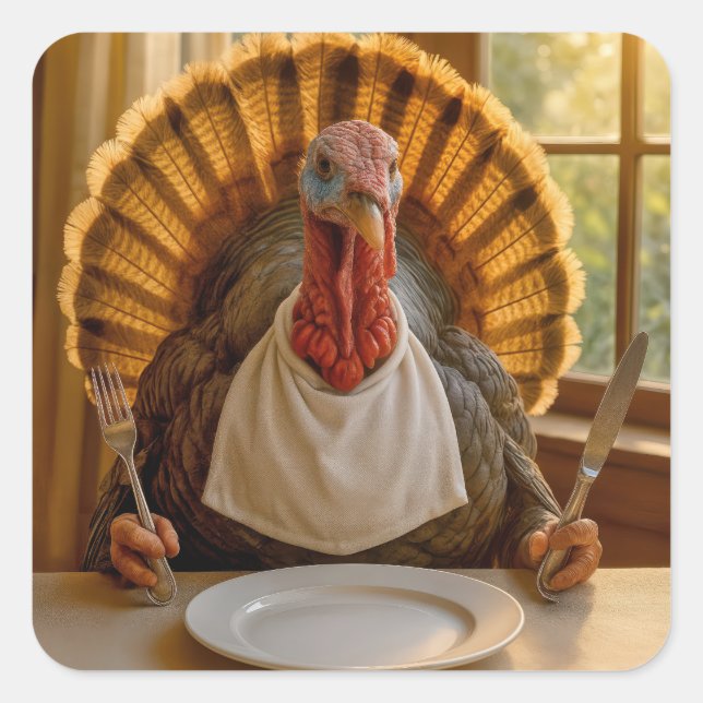 Thanksgiving Turkey With Knife and Fork Square Sticker (Front)