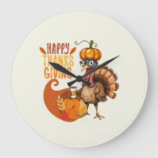 Thanksgiving Turkey with Pumpkin Hat Large Clock