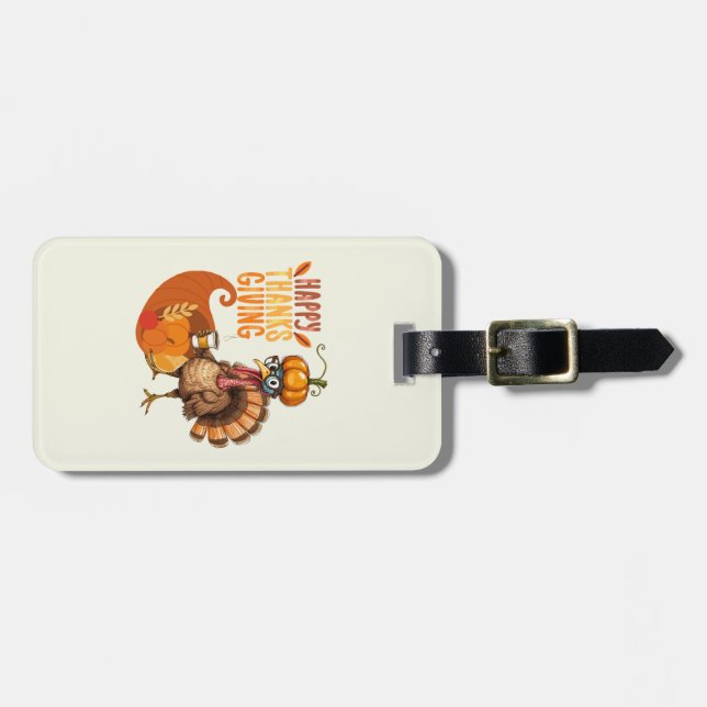 Thanksgiving Turkey with Pumpkin Hat Luggage Tag (Front Horizontal)