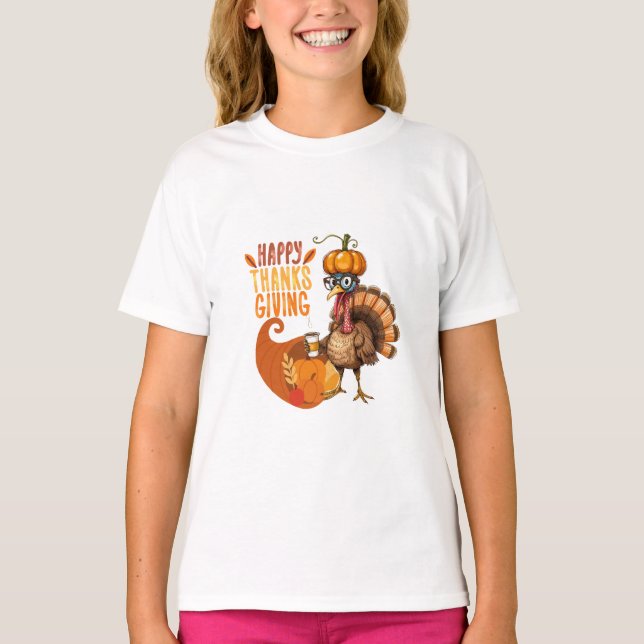Thanksgiving Turkey with Pumpkin Hat T-Shirt (Front)