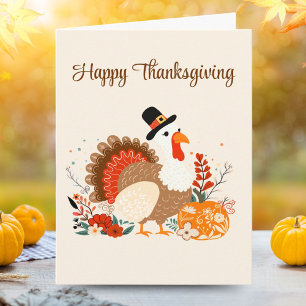 Thanksgiving Turkey With Pumpkins And Autumn Leave Card