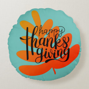 Thanksgiving Typography With Fall Leaf  Round Cushion