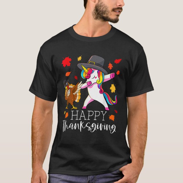 Thanksgiving Unicorn Girls Cute Dabbing Turkey Pil T-Shirt (Front)