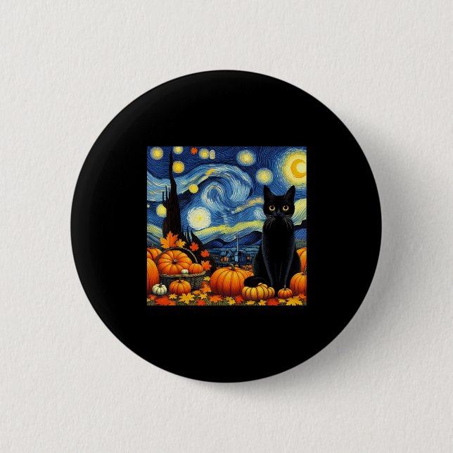 Thanksgiving Van Gogh Starry Night Black Cat Pumpk 6 Cm Round Badge (Front)