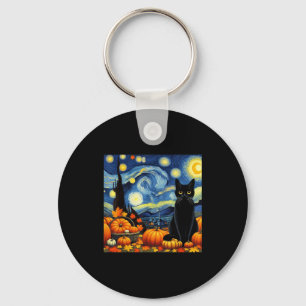 Thanksgiving Van Gogh Starry Night Black Cat Pumpk Key Ring