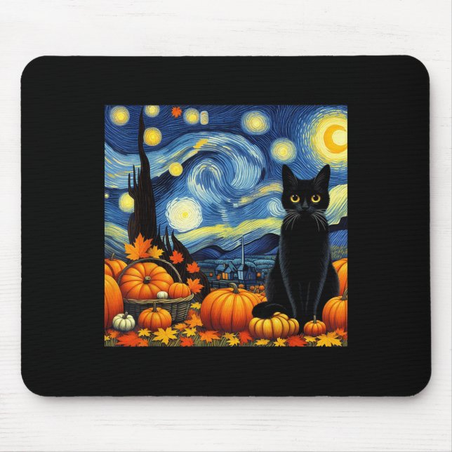Thanksgiving Van Gogh Starry Night Black Cat Pumpk Mouse Mat (Front)