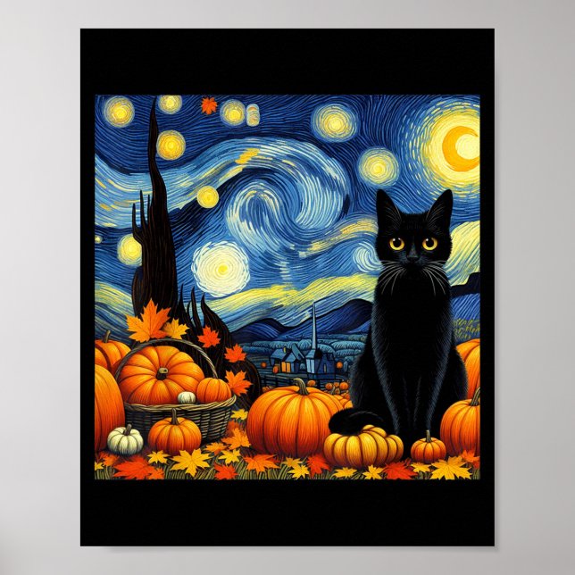 Thanksgiving Van Gogh Starry Night Black Cat Pumpk Poster (Front)