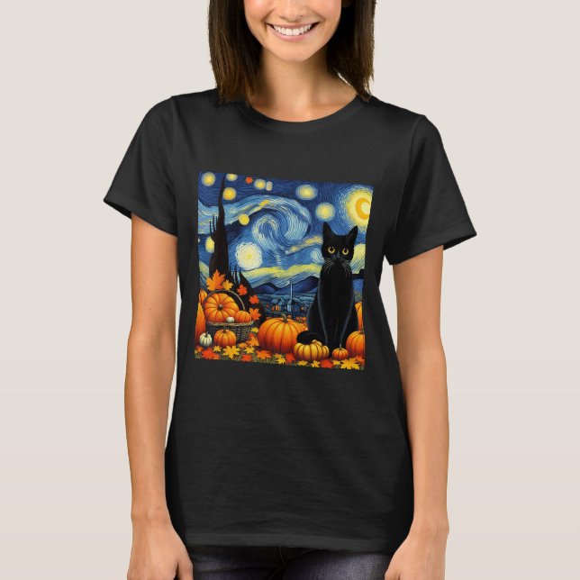 Thanksgiving Van Gogh Starry Night Black Cat Pumpk T-Shirt (Front)