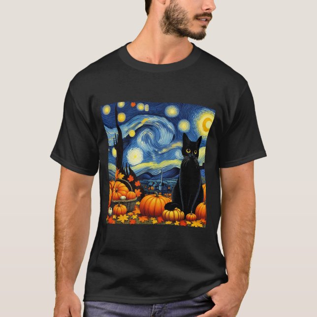 Thanksgiving Van Gogh Starry Night Black Cat Pumpk T-Shirt (Front)