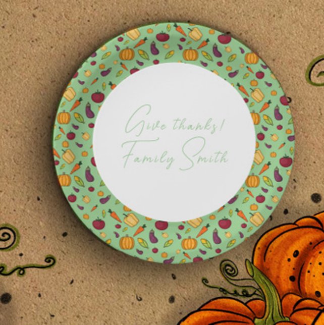 Thanksgiving  vegetables pattern green custom paper plate (Creator Uploaded)
