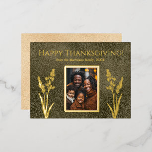 Thanksgiving Vertical Family Photo Green Foil Holiday Postcard