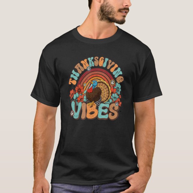 Thanksgiving Vibes Retro Turkey Rainbow Fall Autum T-Shirt (Front)