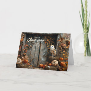 Thanksgiving Vintage Barn Owl and Barn Wood Autumn Holiday Card