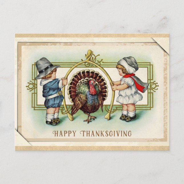 Thanksgiving Vintage Cute Kids Turkey Wishbone Postcard (Front)